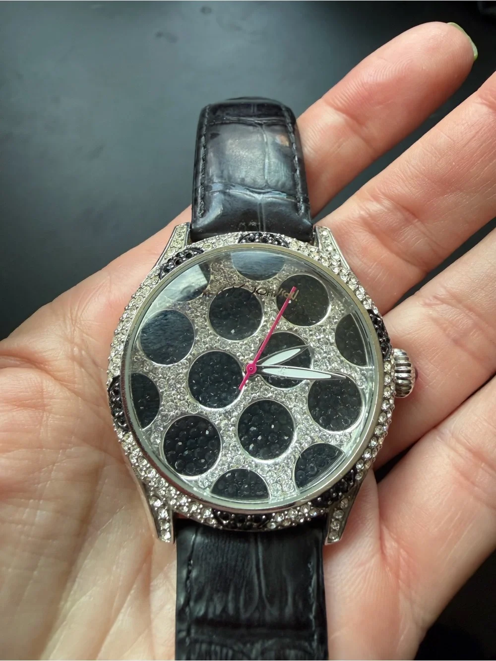 Betsey Johnson Crystal Polka Dot Dial Wristwatch with Black Leather Strap